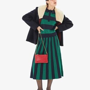 Clare V. Héloïse accordion skirt in navy and green cotton and cashmere blend